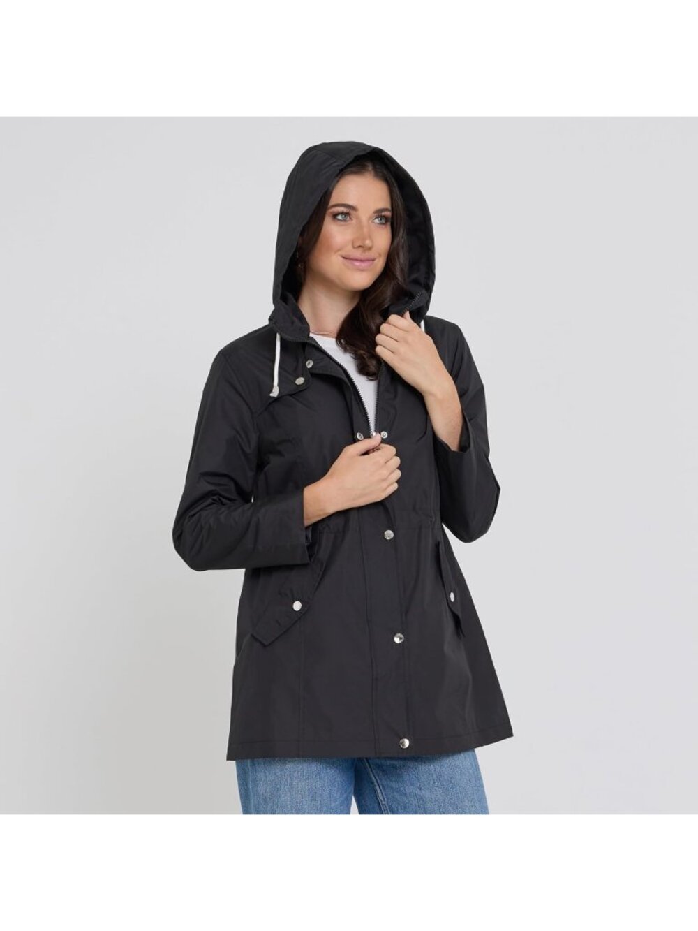 Women's Black Comfort Waterproof Hooded Anorak Windbreaker Coat Rain Jacket - Picture 2 of 7